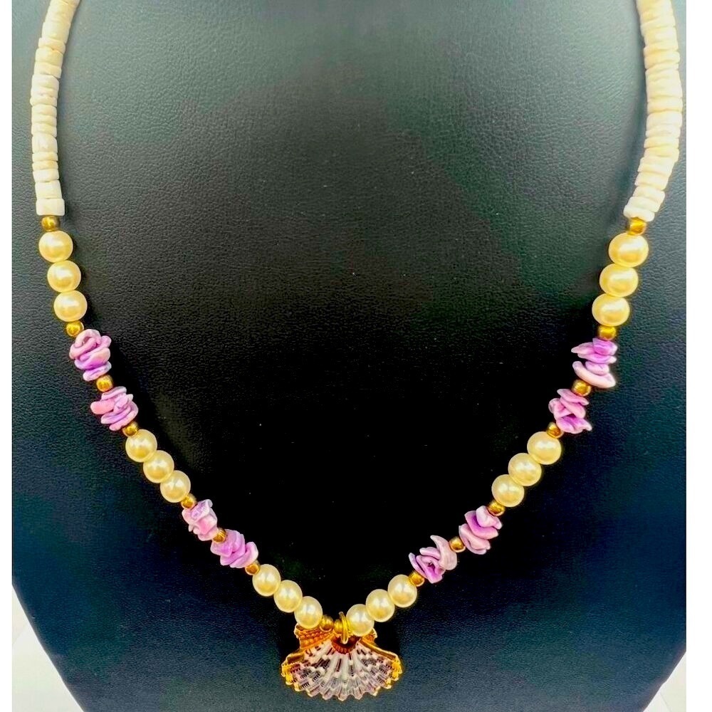 Handcrafted Faux  Pearl & Shell Necklace With Lavender Accents.  A23 - Picture 2 of 9